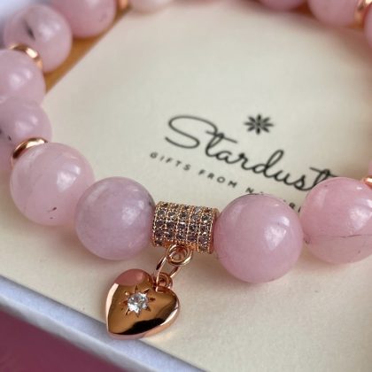 Pink Jade beaded bracelet, rose gold heart charm, natural rose jade bracelet