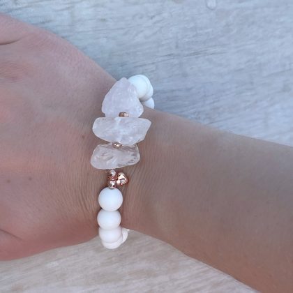 Raw Quartz bracelet with white coral, luxury white bracelet for women with rose gold heart charm