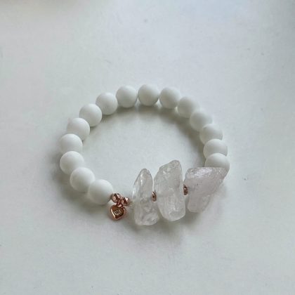 Raw Quartz bracelet with white coral, luxury white bracelet for women with rose gold heart charm