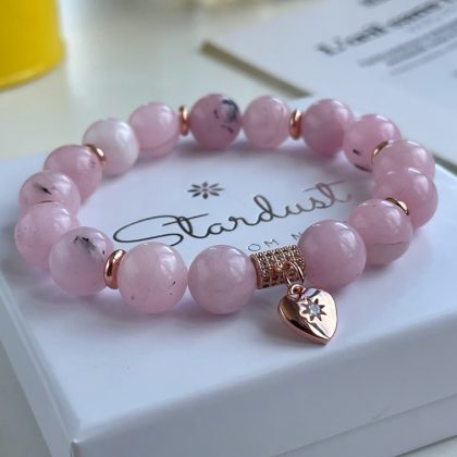 Pink rhodonite beaded bracelet, rose gold heart charm, natural rose jade bracelet