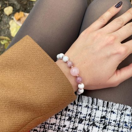 White Howlite bracelet for women with rose quartz and pink jade, luxury natural stone gift for women