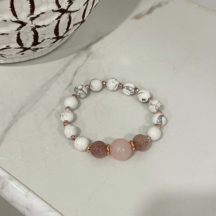 White Howlite bracelet for women with rose quartz and pink jade, luxury natural stone gift for women
