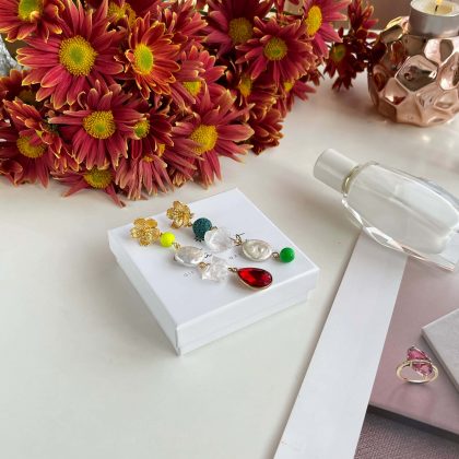 Luxury colorful crystal and pearl earrings, statement earrings, modern jewelry