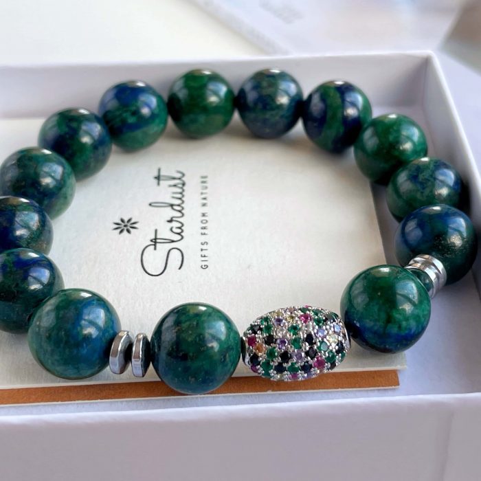 Luxury Azurite bracelet for women with Austrian zircons AAA+ and hematite separators, gift for her