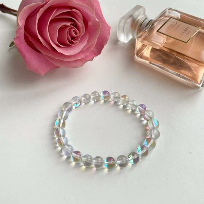 Glossy Mermaid Glass Quartz bracelet 8mm, Glowing Aura bracelet for girlfriend