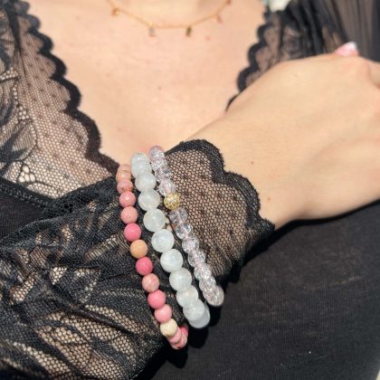 Pink sugar quartz beaded bracelet, tender rose bracelet for girl with gold zircon bead