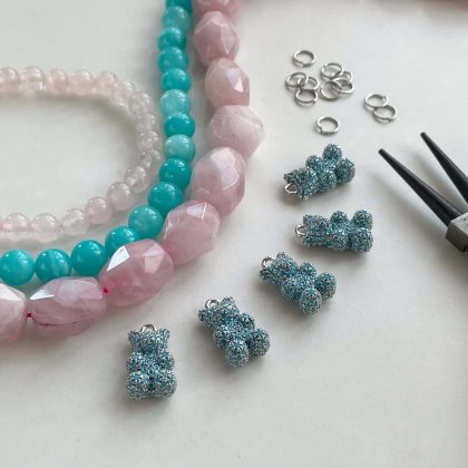 Luxury ZIrcon teddy bear charm, rose quartz beaded bracelet 6mm, premium gift for girl, pink natural stone bracelet