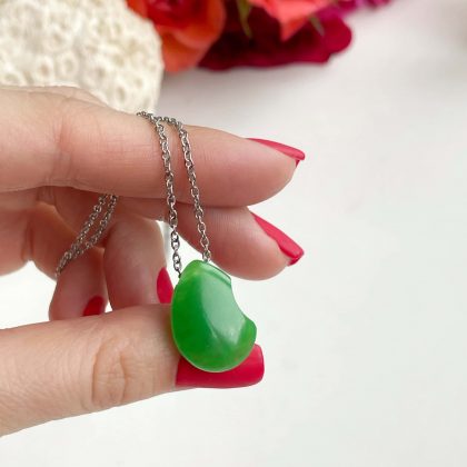 “Good luck” unusual shape green jade pendant, natural green necklace gift for women