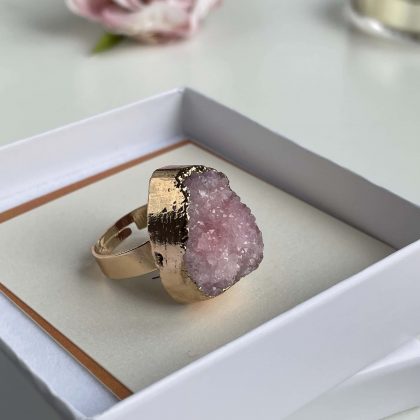 Pink druzy agate ring 18 gold plated, chunky statement agate geode jewelry, designer ring gift for friend