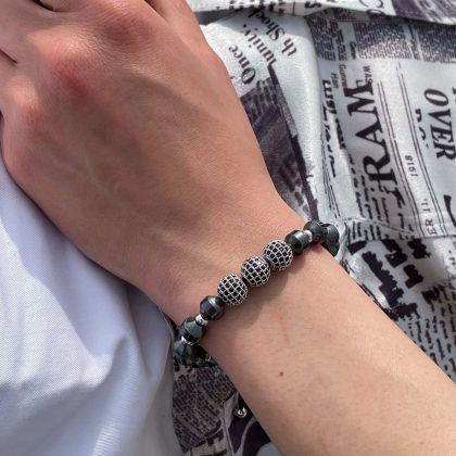 Black zircon bracelet for men, grey hematite bracelet for him, Protection bracelet