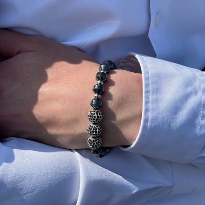Black zircon bracelet for men, grey hematite bracelet for him, Protection bracelet