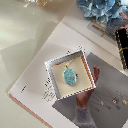Luxury Larimar Pendant, 14k Gold filled chain, exotic gift for her, ocean blue larimar pendant