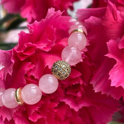 Rose Quartz beaded bracelet with gold zircons for women, pink natural stone bracelet