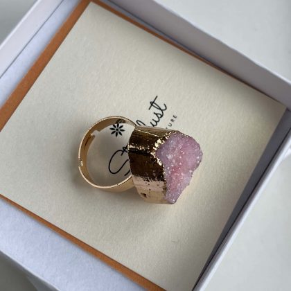 Pink druzy agate ring 18 gold plated, chunky statement agate geode jewelry, designer ring gift for friend