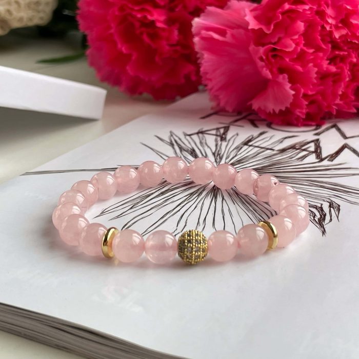 Rose Quartz beaded bracelet with gold zircons for women, pink natural stone bracelet