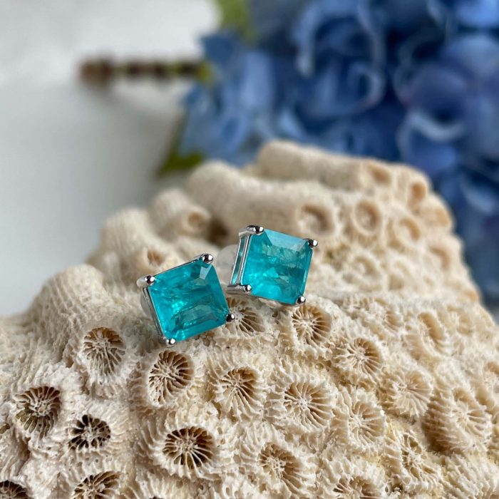 Simulated Tourmaline Paraiba stud earrings 7mm Royal jewelry, luxury earrings gift for women