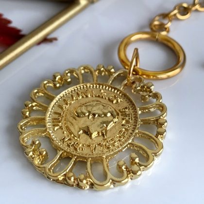 Luxury Gold coin necklace, antique design gold filled stainless steel chain