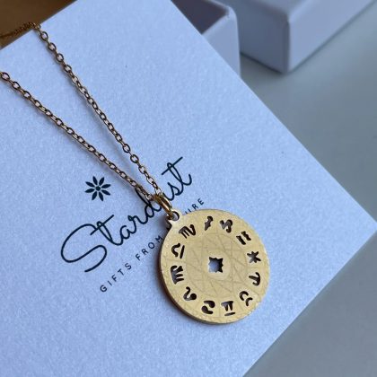 Gold Zodiac pendant, 14k gold filled stainless steel chain, yoga jewelry, french style layering necklace
