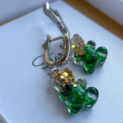 Green Teddy Bear earrings with gold sparkles, modern bear earrings, gift for best friend, cute gift for her