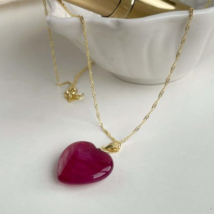 “Energy” Stunning Pink Agate heart pendant with gold chain, gift for her