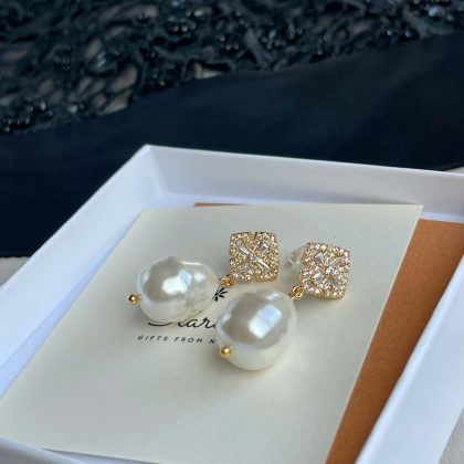 "Temptation" Luxury white baroque pearl earrings with zircons for women, statement earrings