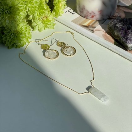 “Energy” Statement Raw Quartz earrings with gold coin, long clear quartz earrings