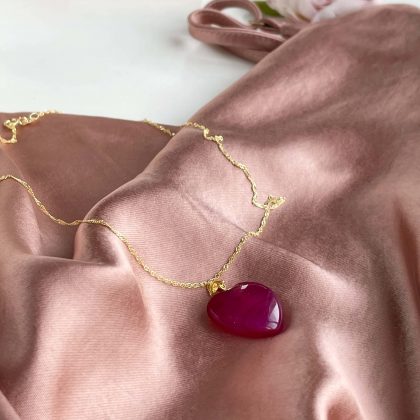 “Energy” Stunning Pink Agate heart pendant with gold chain, gift for her
