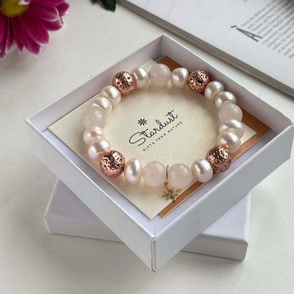 Luxury bracelet from natural pearls, rose quartz and rose gold, CZ diamonds north star charm