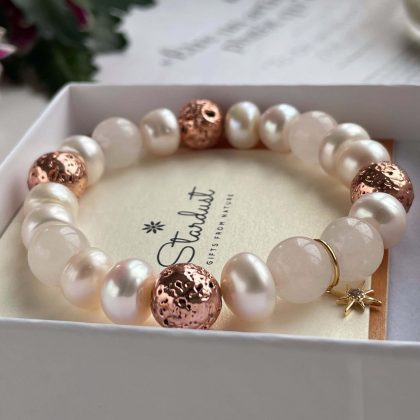 Luxury bracelet from natural pearls, rose quartz and rose gold, CZ diamonds north star charm