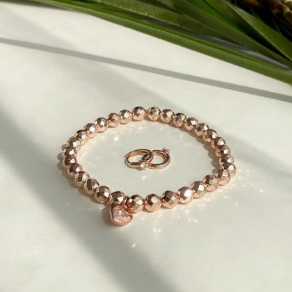 Luxury faced rose gold hematite bracelet with heart charm, CZ diamond charm bracelet