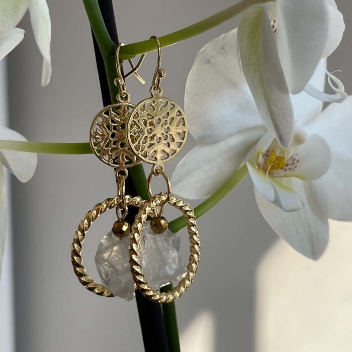 “Energy” Statement Raw Quartz earrings with gold coin, long clear quartz earrings