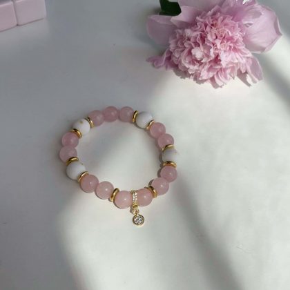 "Sweet love" - Luxury Rose Quartz and White Coral beaded bracelet, 14k gold plated zircon charm, premium gift for girlfriend