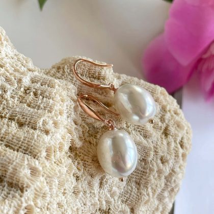 "Temptation" Luxury Oval White Pearl Earrings for women, Confession jewelry, rose gold jewelry, statement earrings
