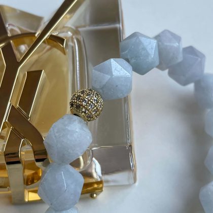 "Classy" Natural faced Aquamarine bracelet with gold zircon charm, 14k gold filled bracelet, light blue minimalist bracelet