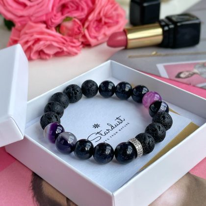 Luxury lava stone bracelet with zircons for her, purple agate, goldstone bracelet for woman