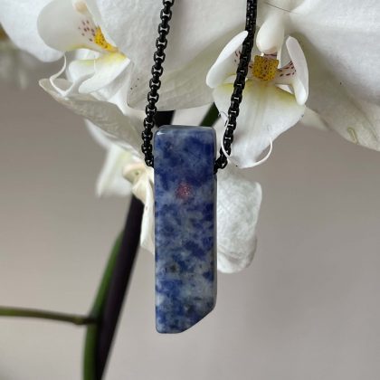 Sodalite Bar Pendant on black steel chain for men, luxury crystal jewelry; gift for him, healing crystal pendant