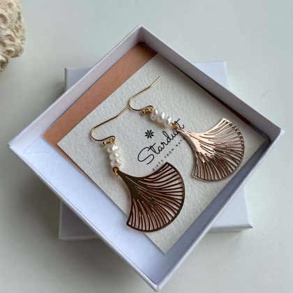 "Health" Rose Gold Ginkgo Biloba leaf earrings with white pearls, dangle pearl earrings, elegant earrings, premium gift