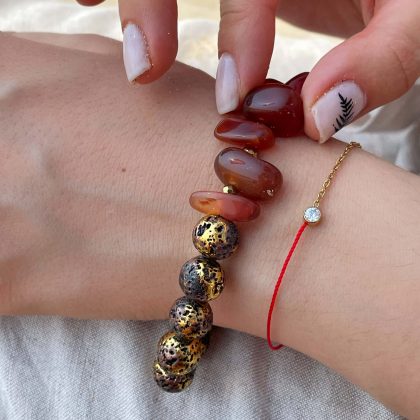 Luxury Tumbled CARNELIAN bracelet with gold lava stone and smoky quartz, bright orange gemstone Bracelet