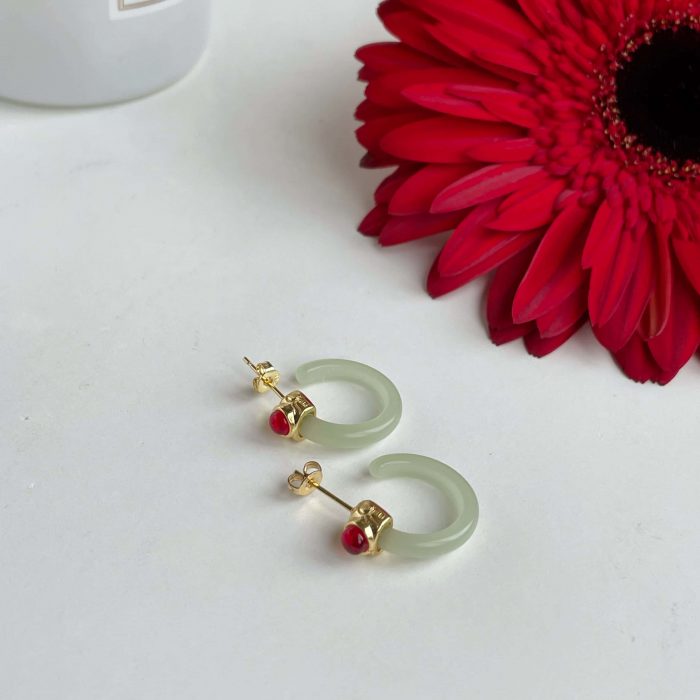 "Calm" Light Green Jade hoop earrings with tourmaline 14k gold plated, gift for women, minimalist jade earrings