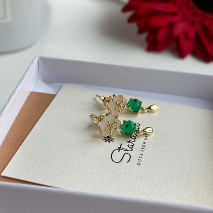 "Pretty" Green Jade Leaf earrings 14k gold plated, gift for women, Flower Jade Drop Earrings earrings, anniversary gift for woman
