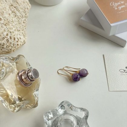 "Mystery" Delicate Amethyst Earrings in gold, statement amethyst earrings, chakra jewelry, bridesmaid gift earrings, premium gift for girlfriend