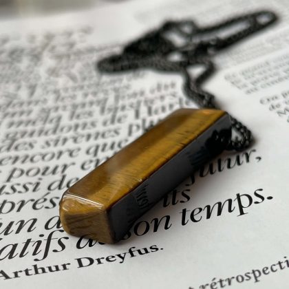Tiger Eye Bar Pendant on black steel chain for men, luxury crystal jewelry; gift for him