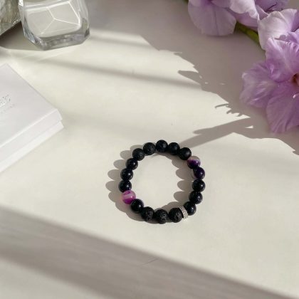 Luxury lava stone bracelet with zircons for her, purple agate, goldstone bracelet for woman