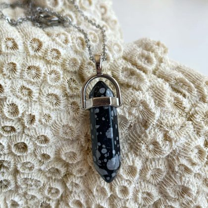Snowflake Obsidian prism Pendant, black pencil pendant with spots, Natural Stone Jewelry