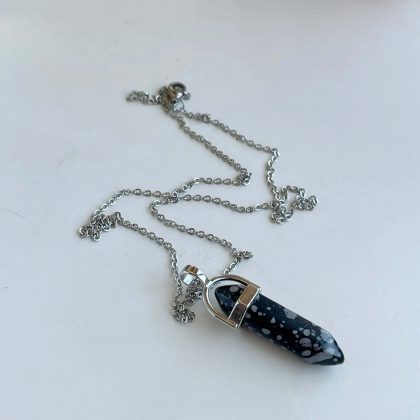 Snowflake Obsidian prism Pendant, black pencil pendant with spots, Natural Stone Jewelry