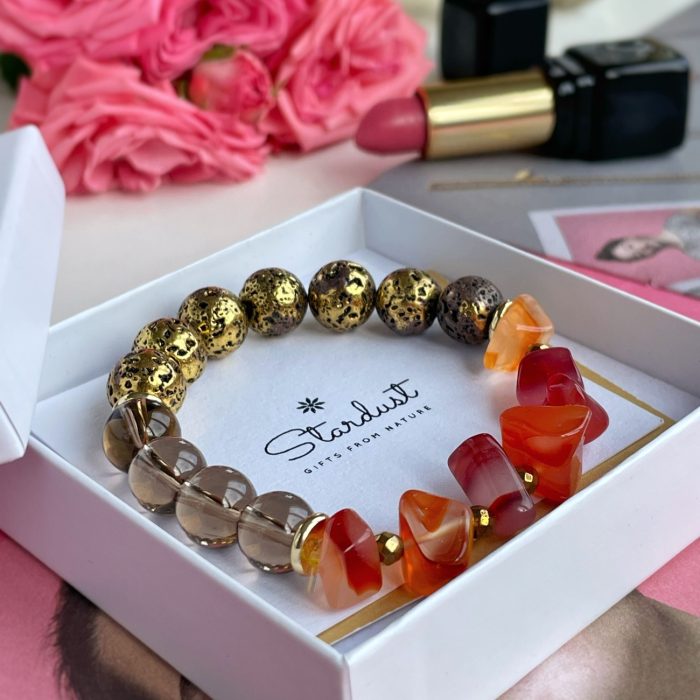 Luxury Tumbled CARNELIAN bracelet with gold lava stone and smoky quartz, bright orange gemstone Bracelet