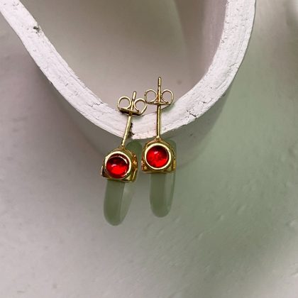 "Calm" Light Green Jade hoop earrings with tourmaline 14k gold plated, gift for women, minimalist jade earrings