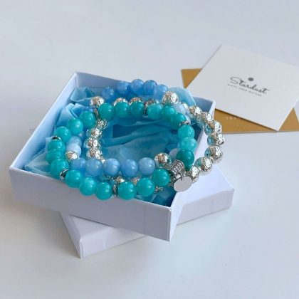 "PURITY" Blue agate bracelet stack, silver lava stone bracelet set, throat chakra jewelry