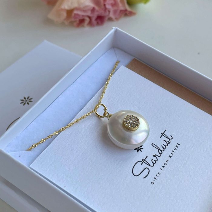 Natural Flat Pearl pendant with zircons, 14k gold filled chain, white coin pearl pendant, luxury pearl gift for her