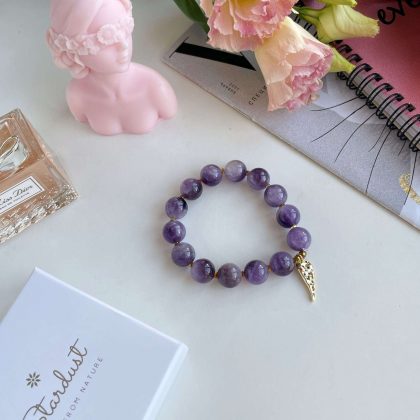 Genuine amethyst bracelet with feather charm